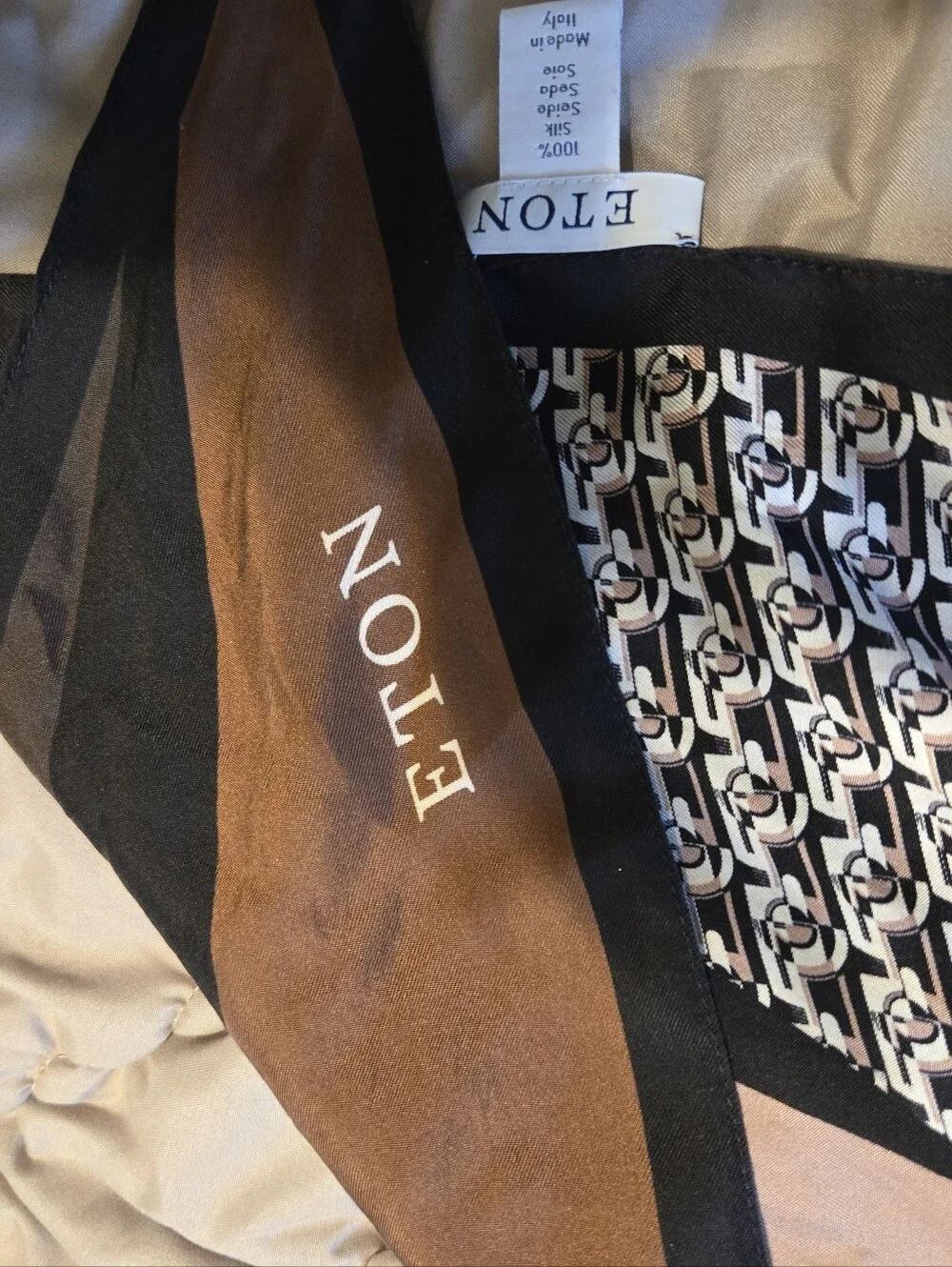 Eton Silk Scarf with Brown, Black and Cream Geometric Print